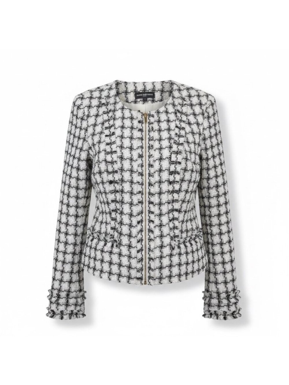 Karl Lagerfeld Womens White/Black Tweed Zip Jacket Elegant Fringed Accents Sz 6